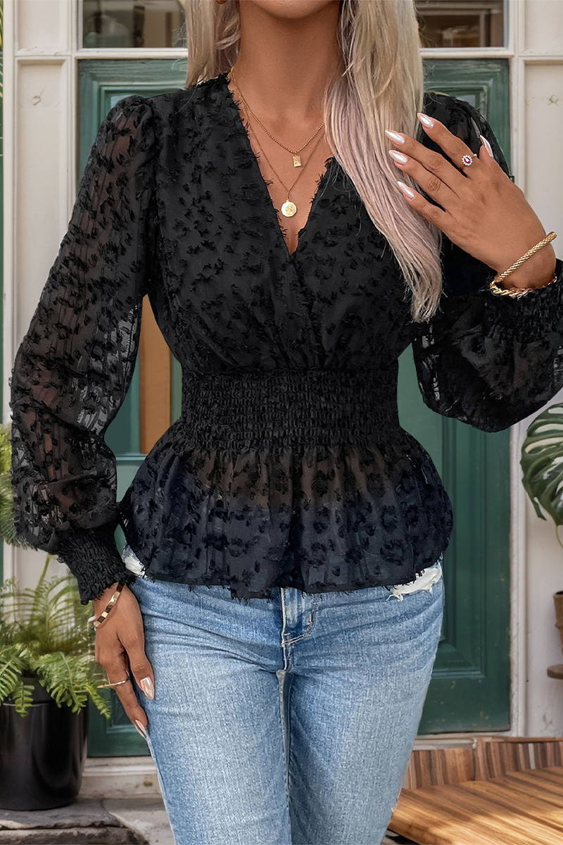 Daily Color See-through Mesh V Neck Blouses