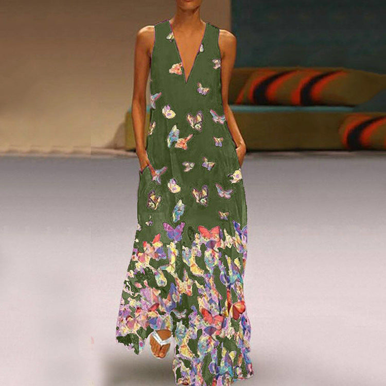 Summer Butterfly Print Beach Dress V-neck Sleeveless Maxi Dress Clothing