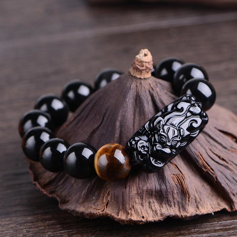 Buddha Stones Natural Black Obsidian Pixiu Tiger's Eye Strength Bracelet