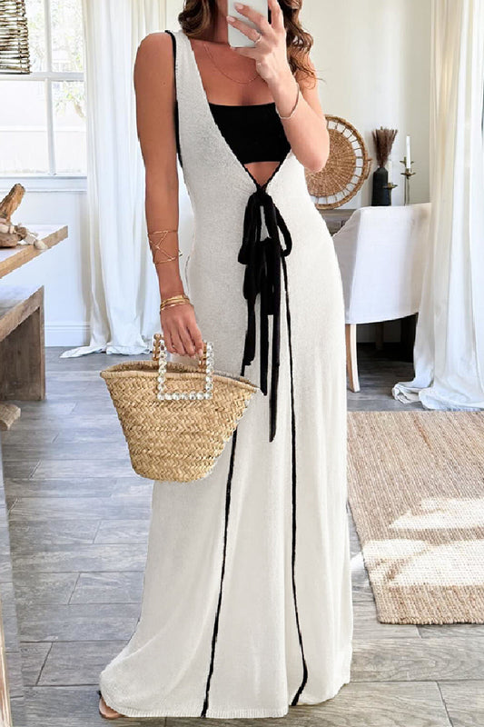 Patchwork Belted V Neck Long Dresses