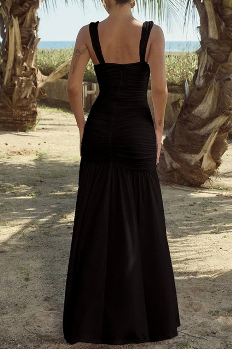 Color Backless Slit Ruched Spaghetti Strap Long Dresses