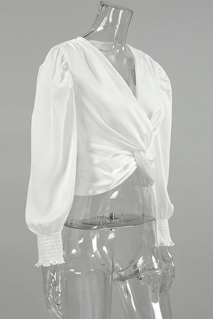 Color Ruched V Neck Blouses