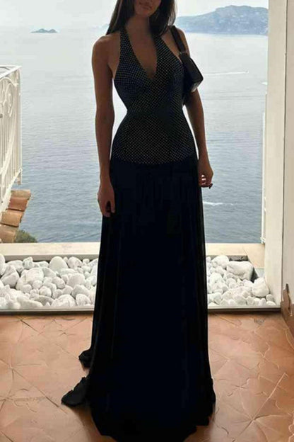 Print Backless Belted Halter Long Dresses