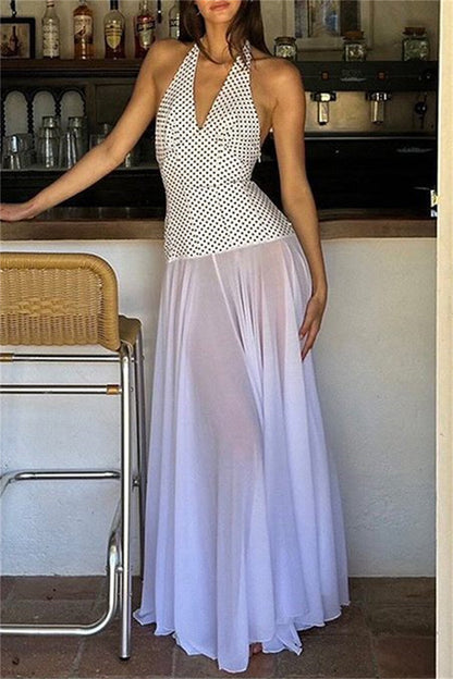 Print Backless Belted Halter Long Dresses
