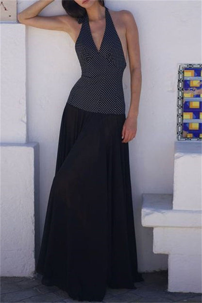 Print Backless Belted Halter Long Dresses