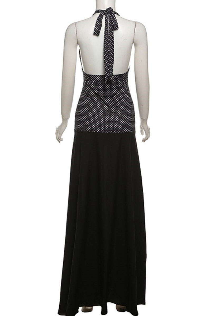 Print Backless Belted Halter Long Dresses