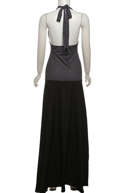 Print Backless Belted Halter Long Dresses