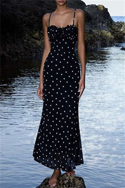 Polka Dot Print Backless Spaghetti Strap Long Dresses