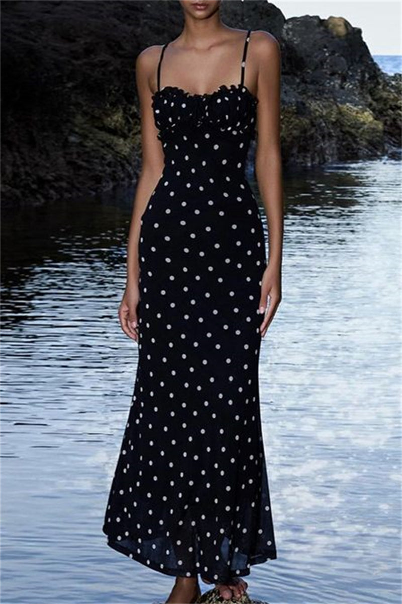 Polka Dot Print Backless Spaghetti Strap Long Dresses