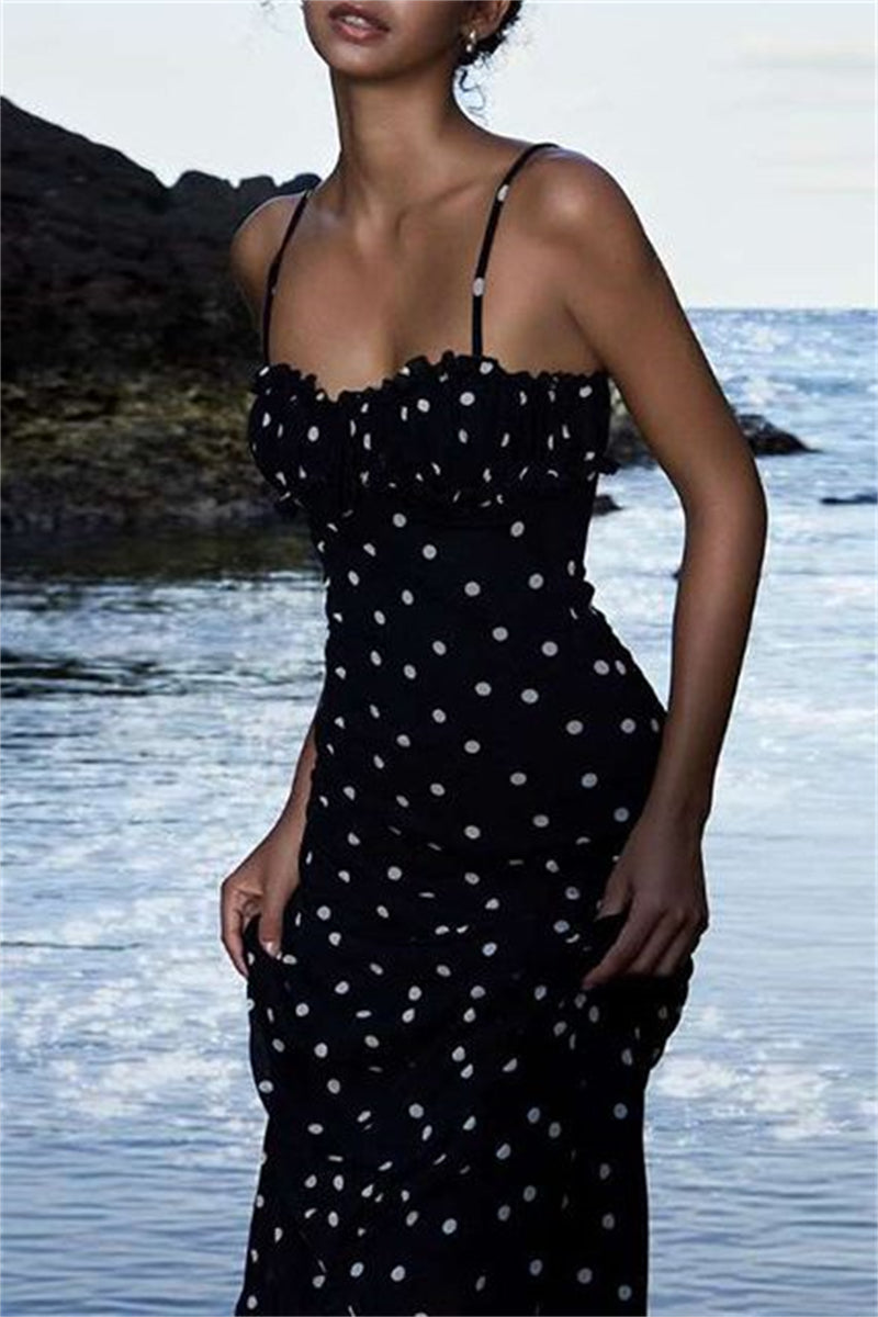 Polka Dot Print Backless Spaghetti Strap Long Dresses