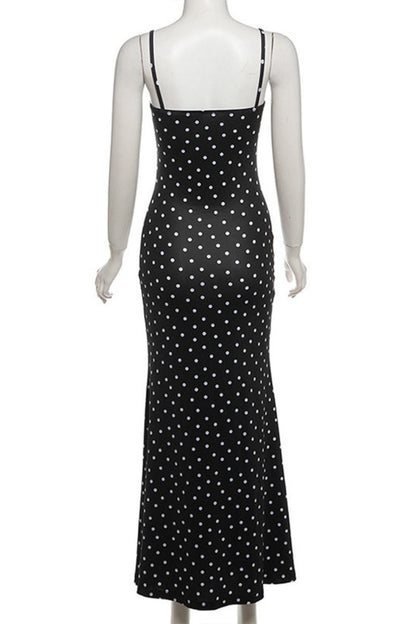 Polka Dot Print Backless Spaghetti Strap Long Dresses