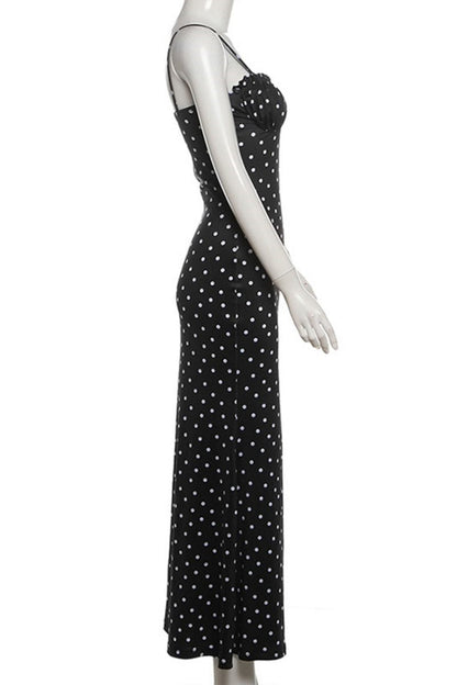 Polka Dot Print Backless Spaghetti Strap Long Dresses