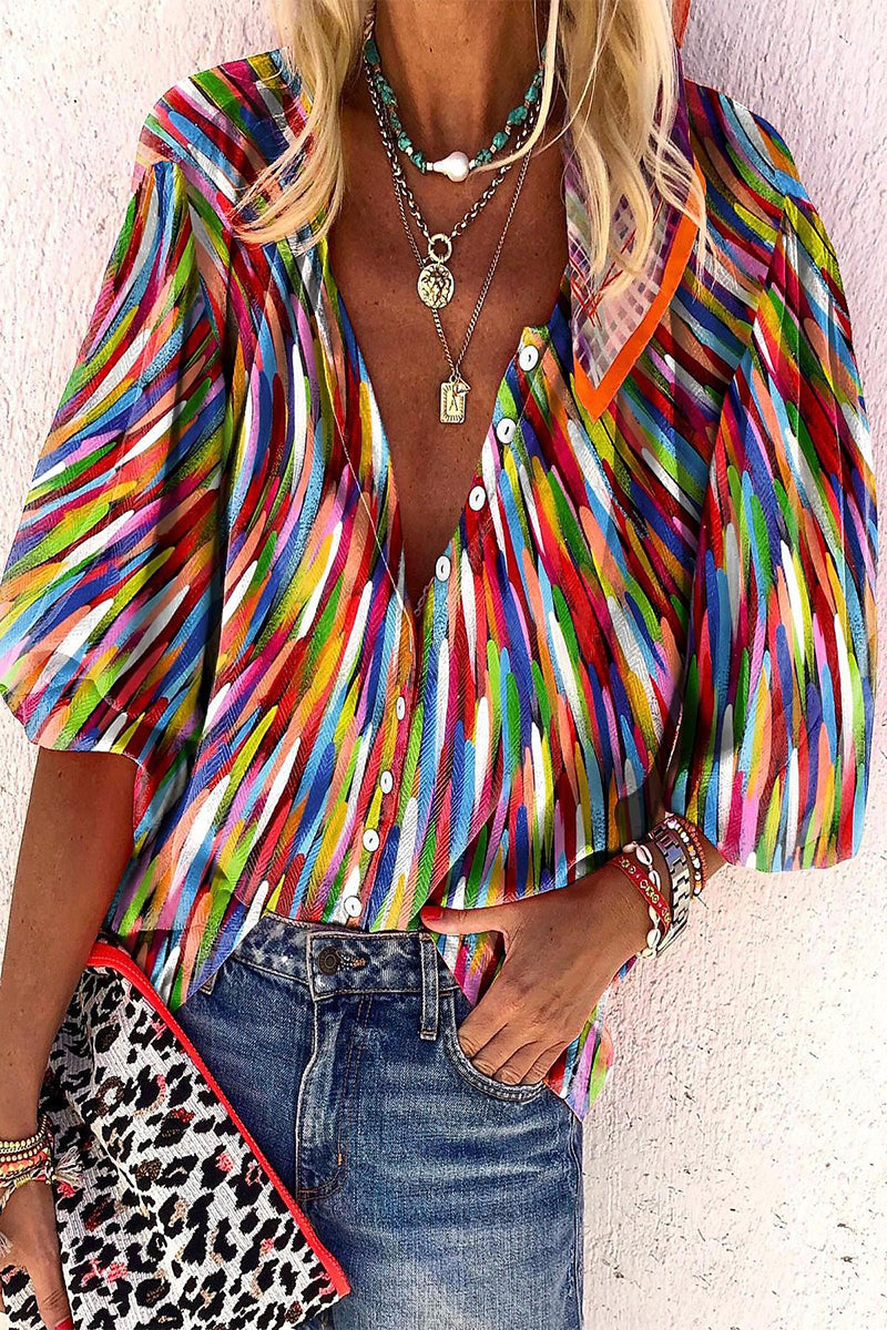 Daily Striped Print Buttons Contrast V Neck Blouses(8 Colors)