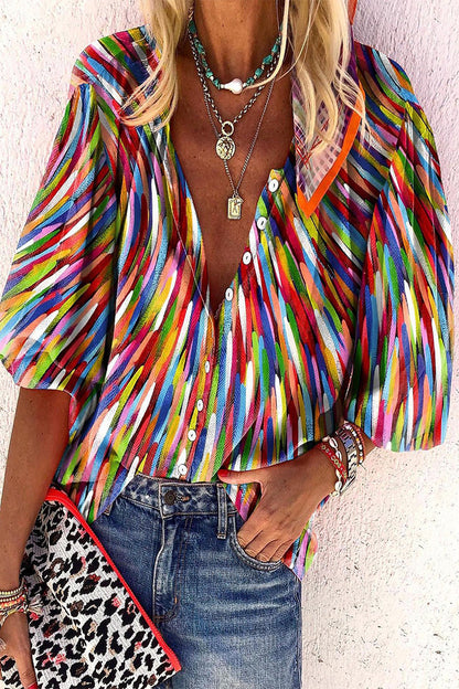 Daily Striped Print Buttons Contrast V Neck Blouses(8 Colors)