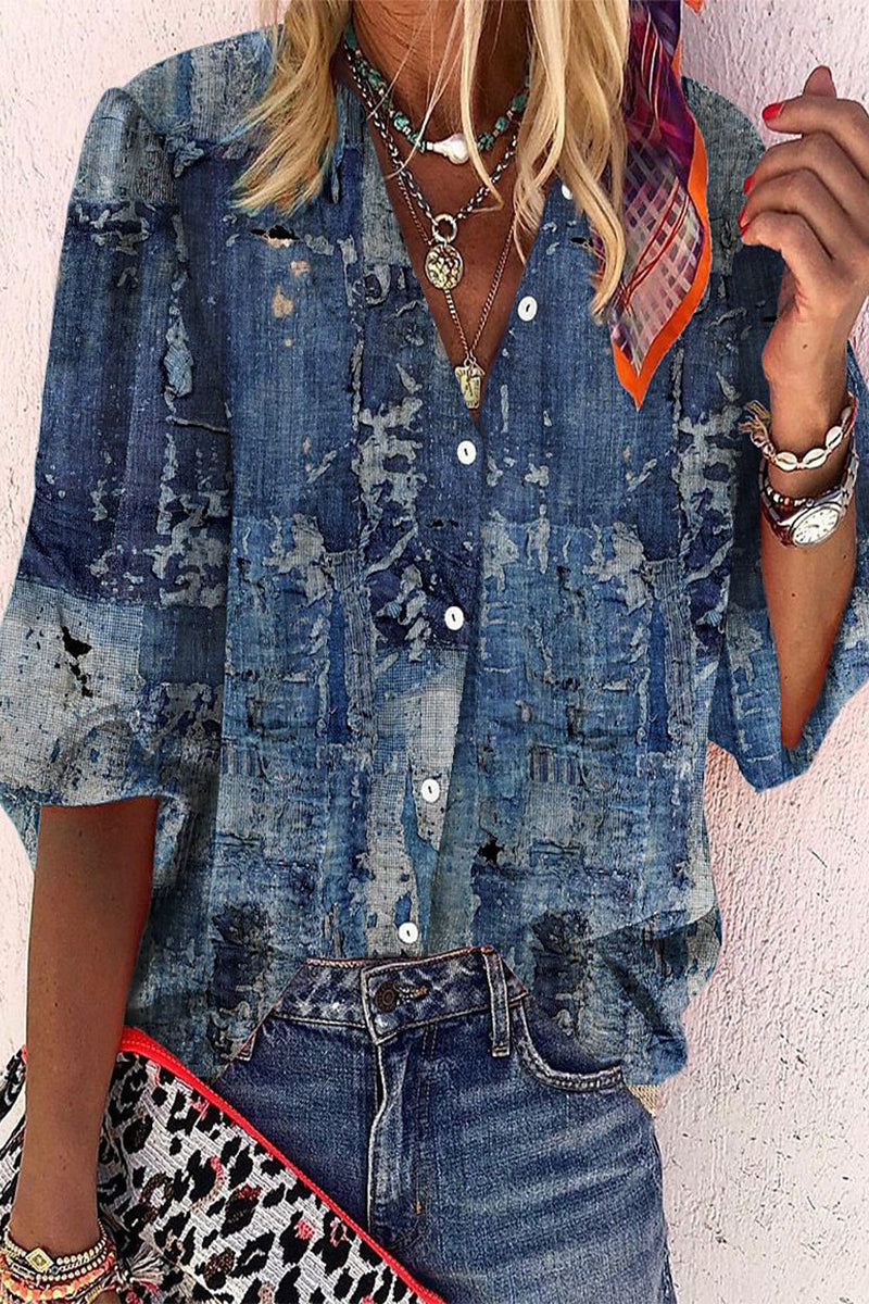 Daily Striped Print Buttons Contrast V Neck Blouses(8 Colors)