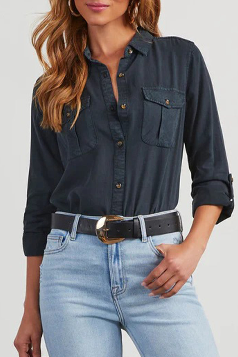Daily Pocket Buttons Turndown Collar Blouses(4 Colors)