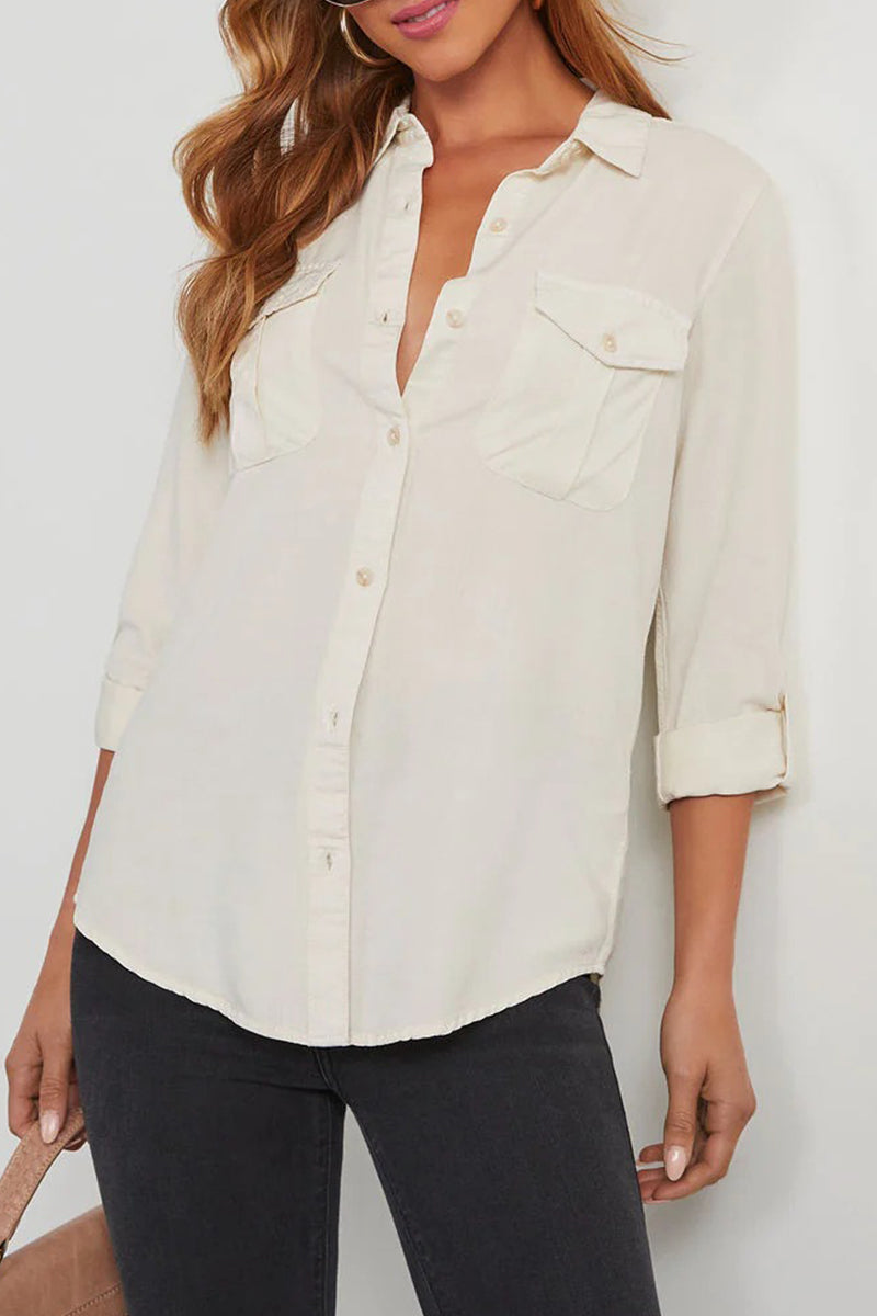 Daily Pocket Buttons Turndown Collar Blouses(4 Colors)