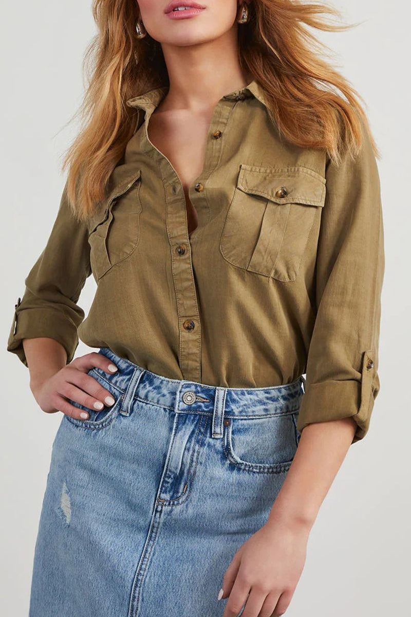 Daily Pocket Buttons Turndown Collar Blouses(4 Colors)