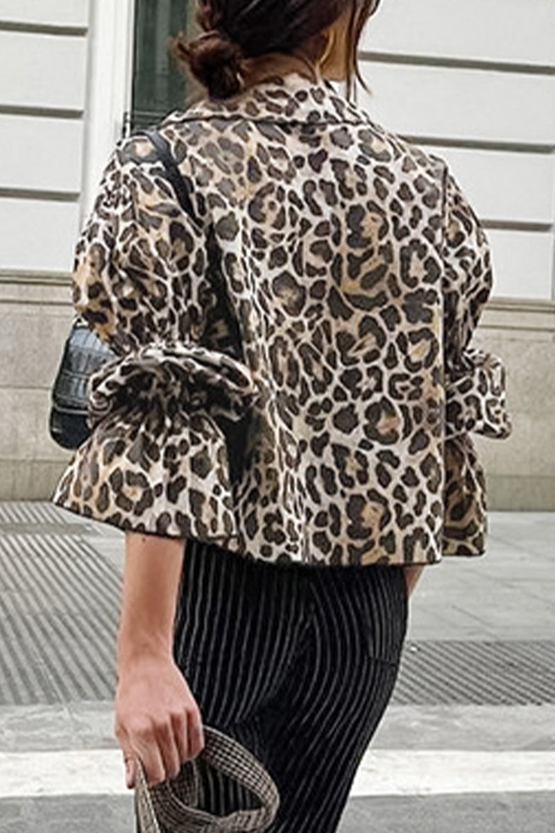 Street Leopard Print Lace Up Turndown Collar Blouses