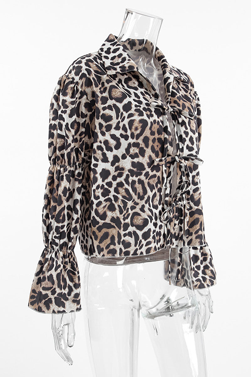 Street Leopard Print Lace Up Turndown Collar Blouses