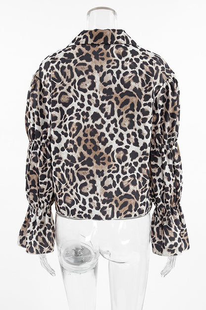 Street Leopard Print Lace Up Turndown Collar Blouses