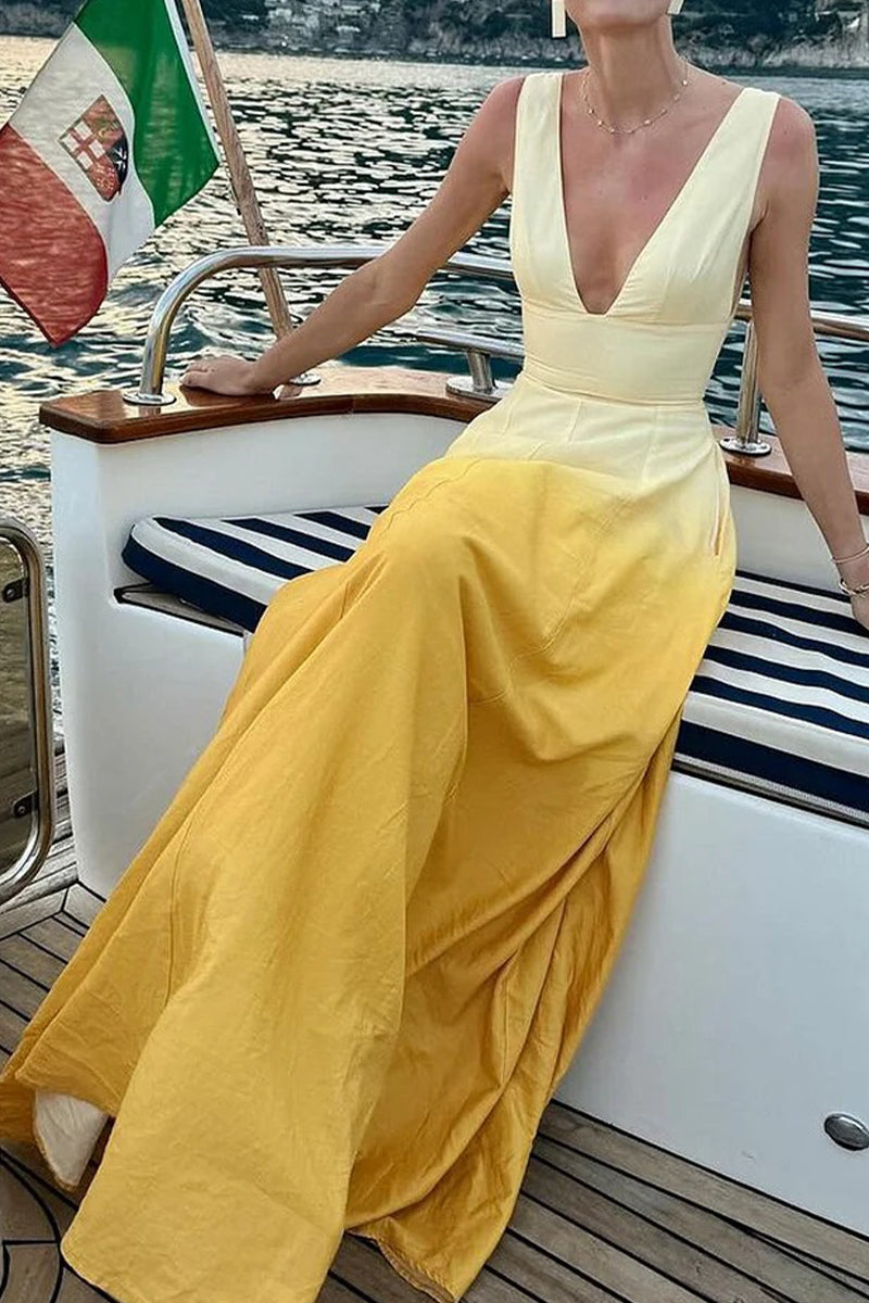 Gradient Print Contrast V Neck Long Dresses