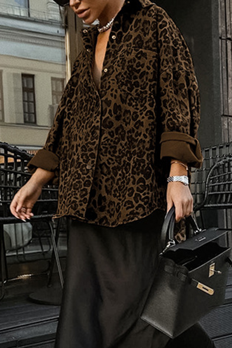 Street Leopard Print Buttons Turndown Collar Blouses