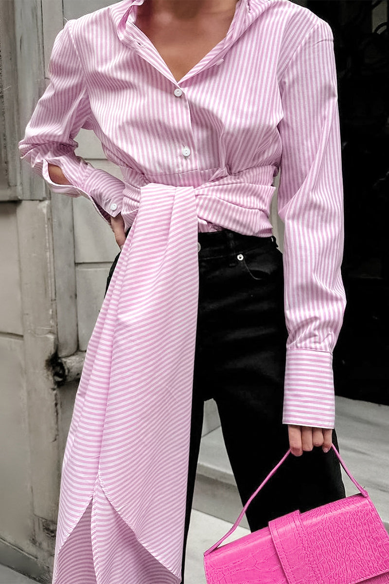 Street Striped Print Lace Up Buttons Turndown Collar Blouses