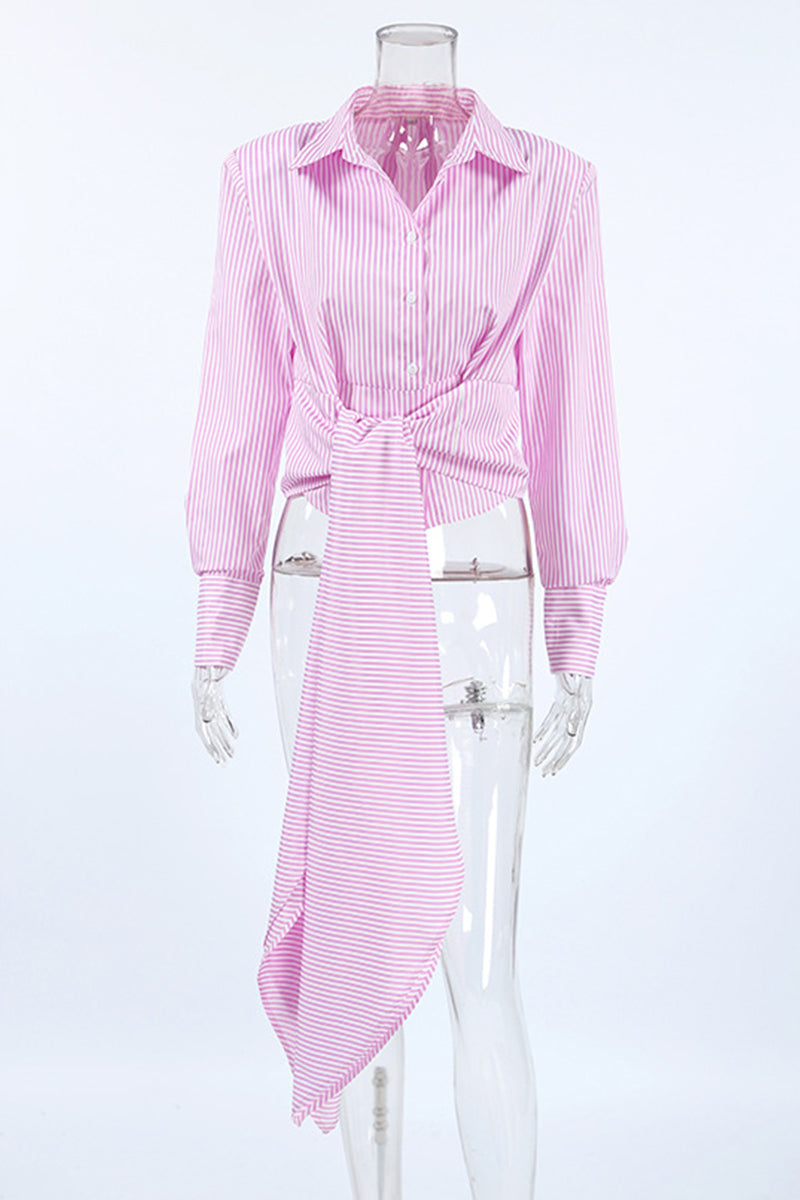 Street Striped Print Lace Up Buttons Turndown Collar Blouses