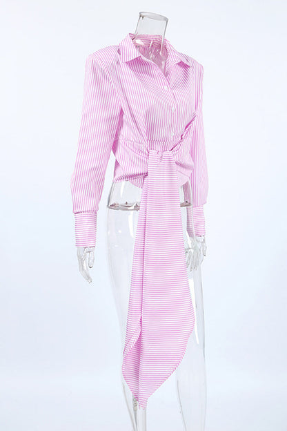 Street Striped Print Lace Up Buttons Turndown Collar Blouses