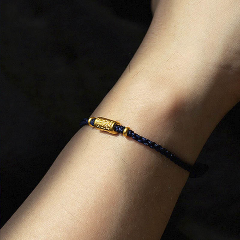 Buddha Stones 999 Gold Good Luck Amulet Carved Design Handmade Strength Braided Rope Bracelet