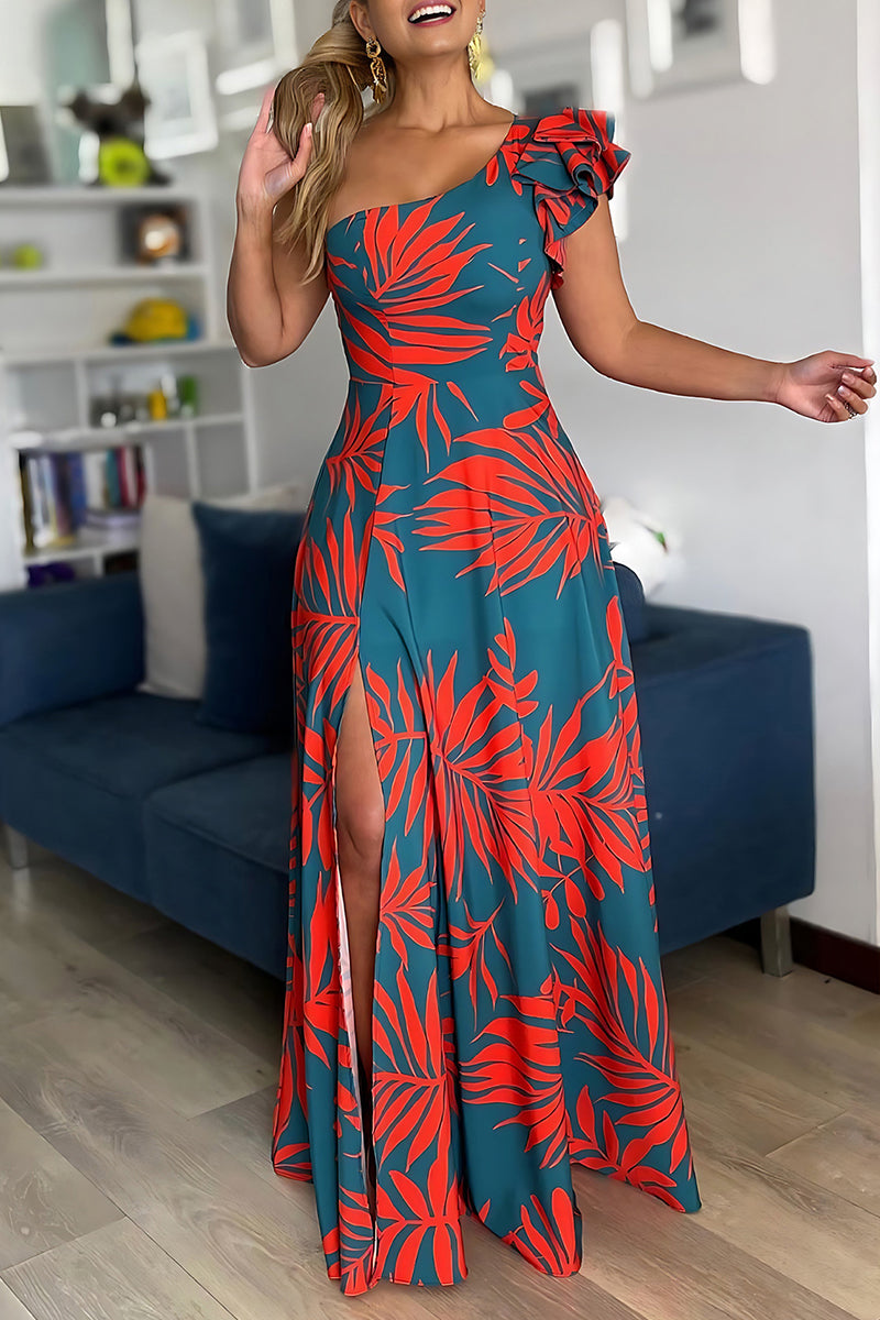 Print Patchwork Backless High Slit Ruffled Trim Oblique Collar Long Dresses