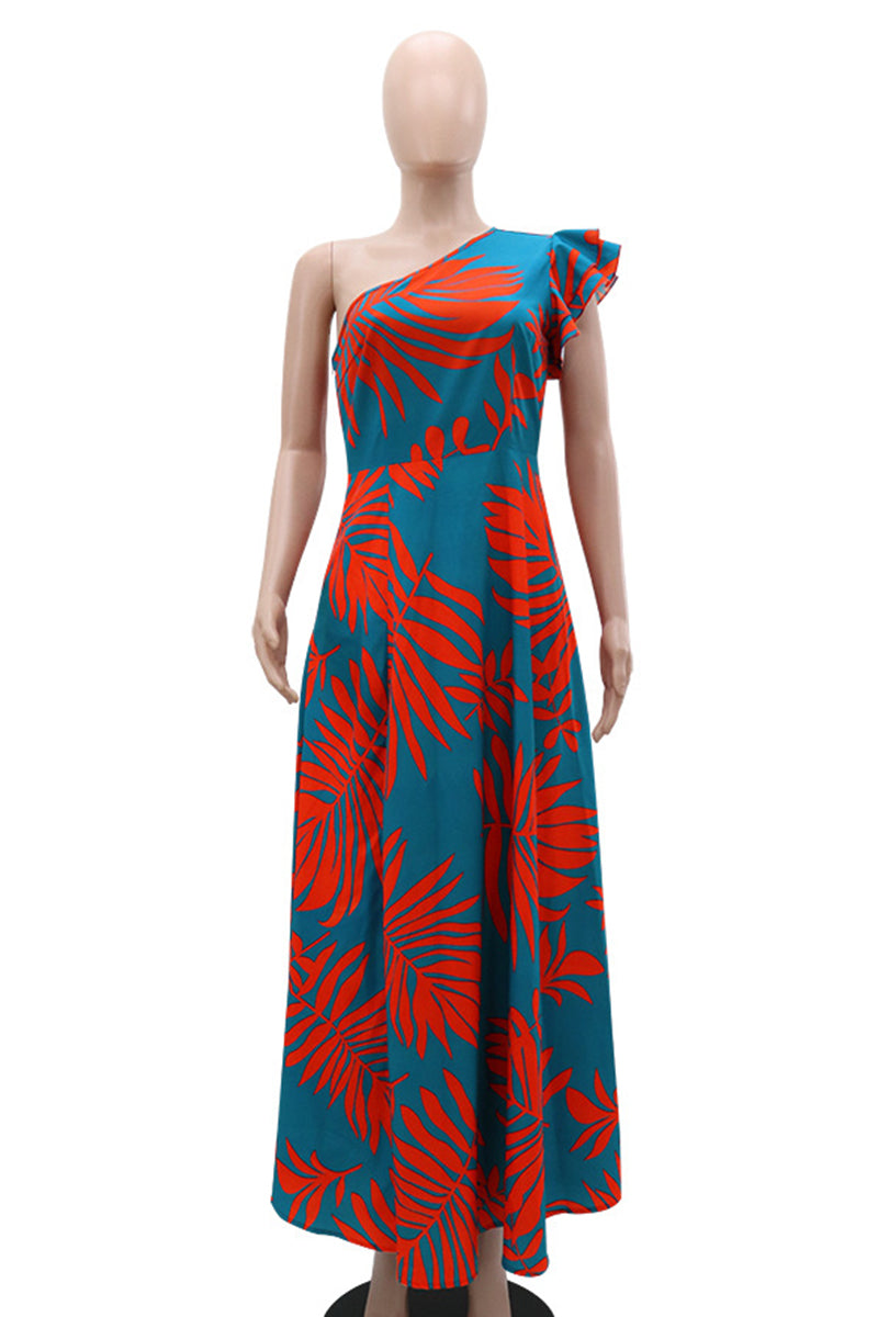 Print Patchwork Backless High Slit Ruffled Trim Oblique Collar Long Dresses