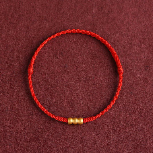999 Gold Mini Red String Bracelet With Three Beads for Luck