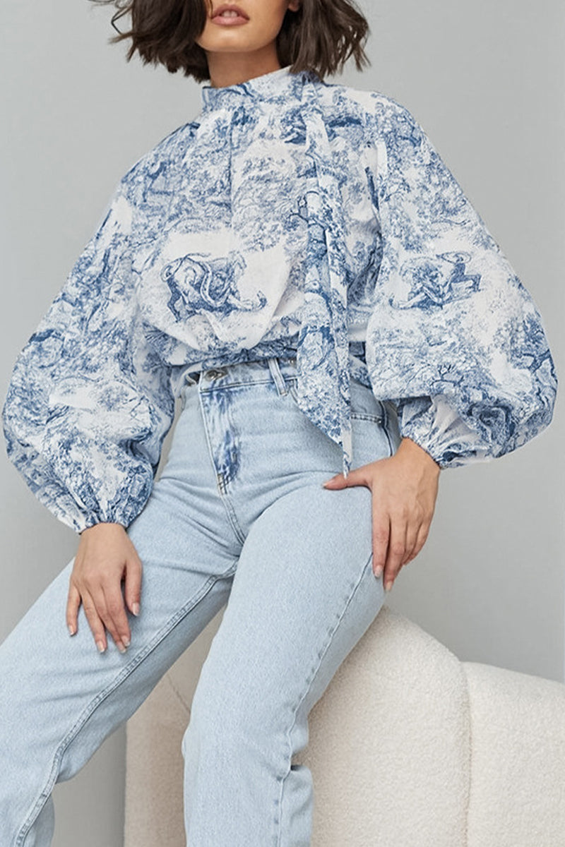 Bstreet Daily Landscape Printing Lace Up Mandarin Collar Blouses