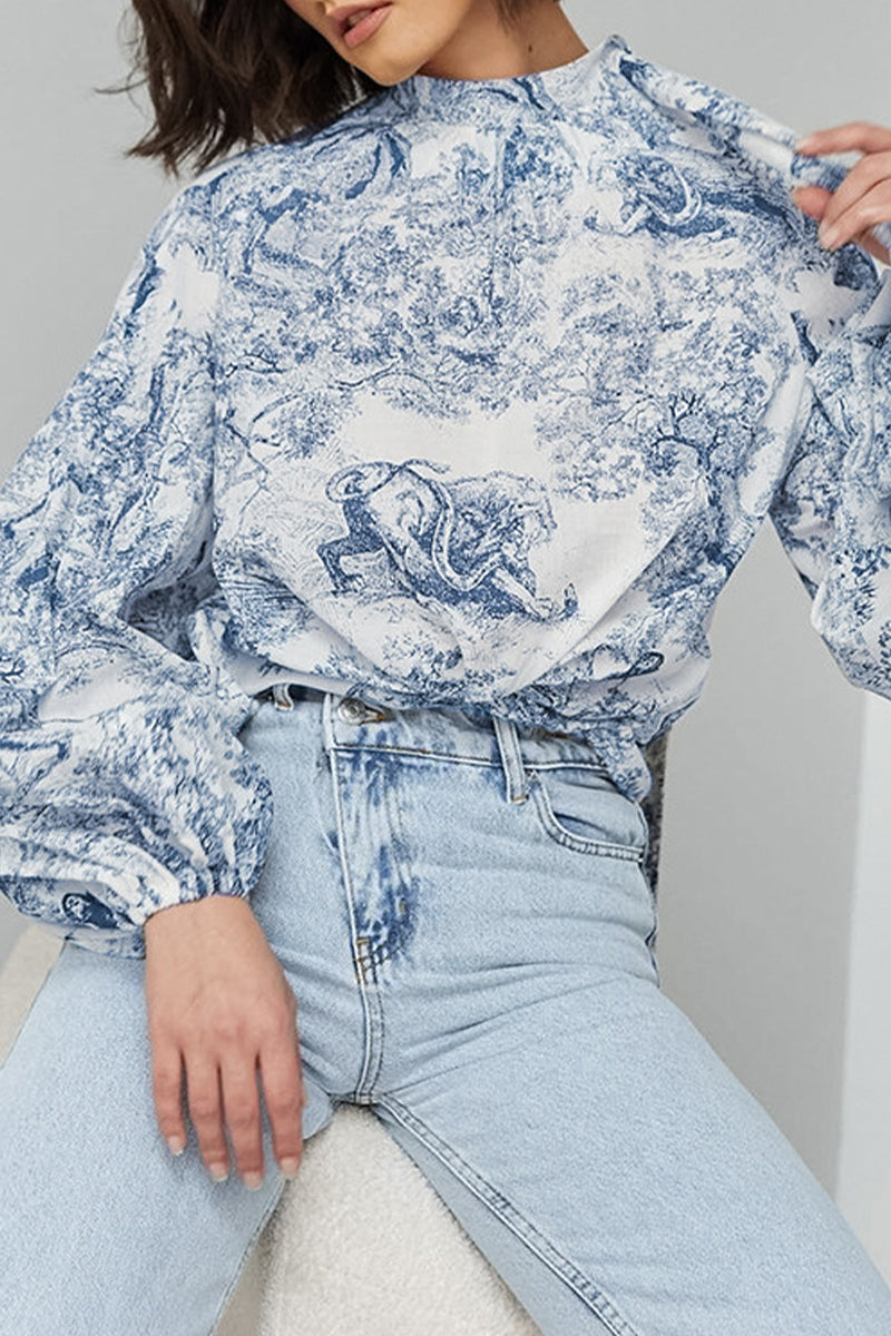 Bstreet Daily Landscape Printing Lace Up Mandarin Collar Blouses