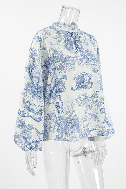 Bstreet Daily Landscape Printing Lace Up Mandarin Collar Blouses