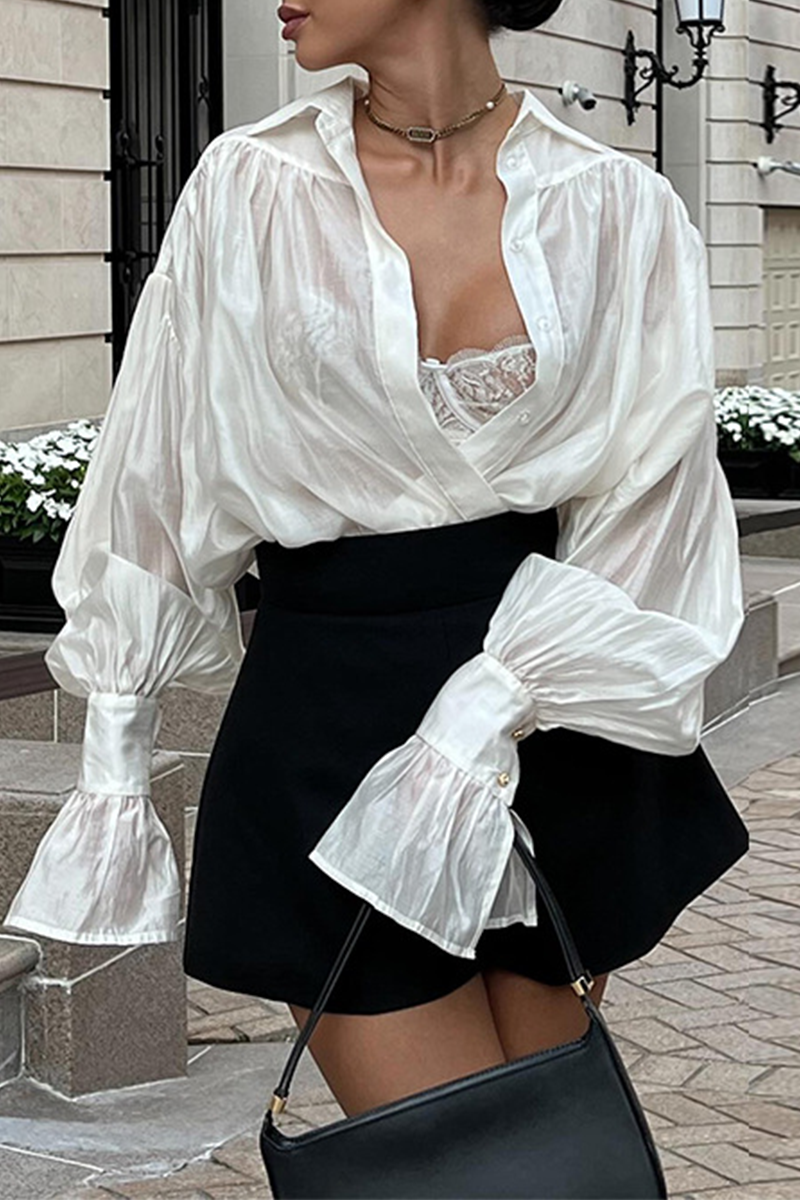 Street Color Buttons See-through Turndown Collar Blouses