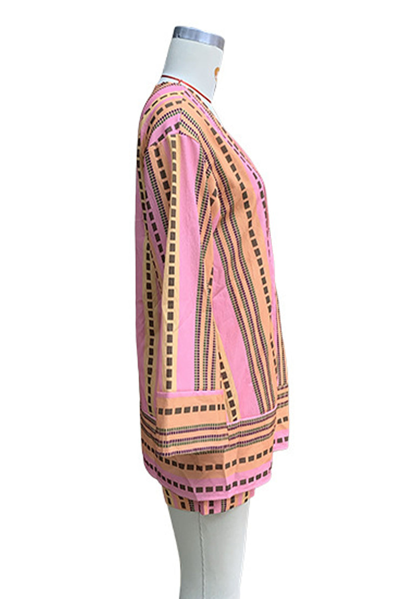 Daily Striped Print Pocket Cardigan Collar Long Sleeve Two Pieces