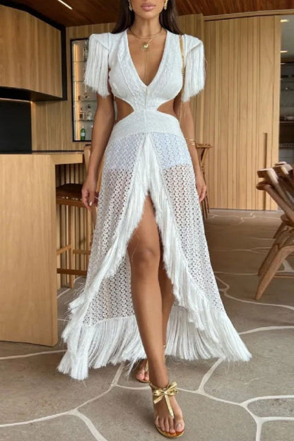 Vacation Color Fringed Trim Hollow Out Deep V Neck Long Dresses