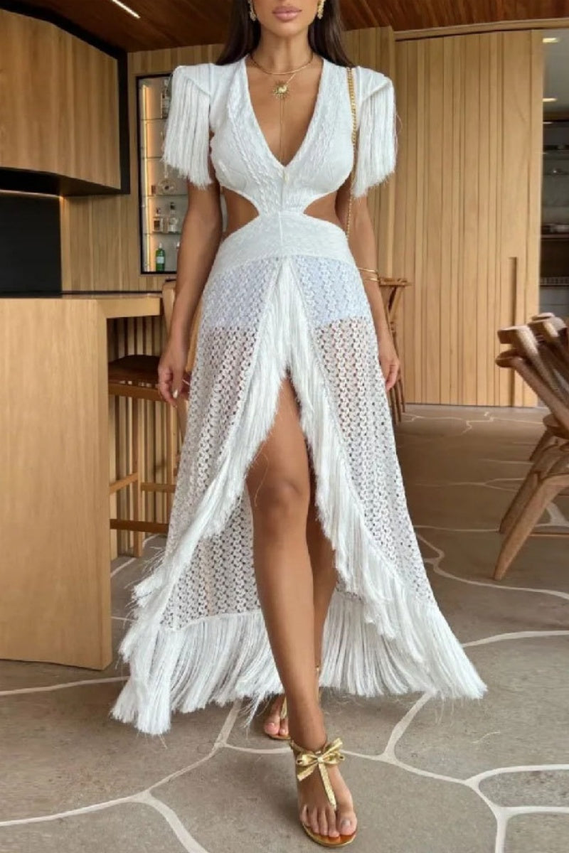 Vacation Color Fringed Trim Hollow Out Deep V Neck Long Dresses
