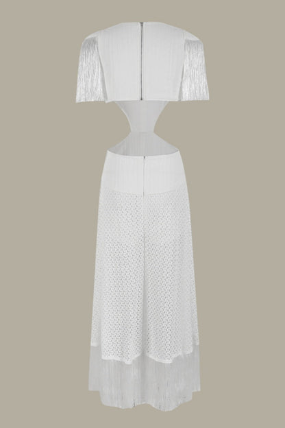 Vacation Color Fringed Trim Hollow Out Deep V Neck Long Dresses