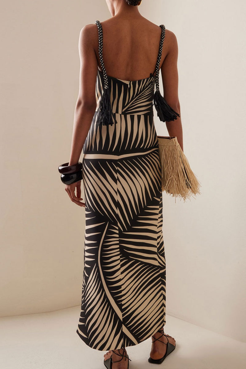 Print Hollow Out Backless Slit Spaghetti Strap Long Dresses