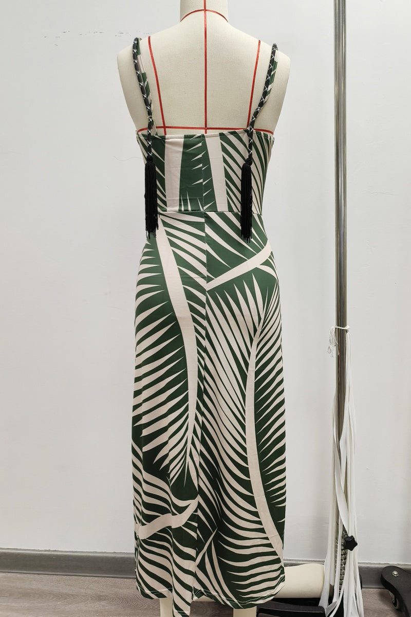 Print Hollow Out Backless Slit Spaghetti Strap Long Dresses