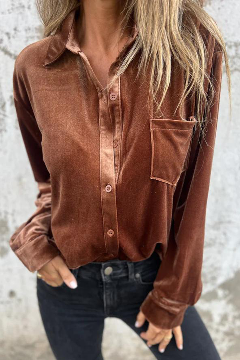 Pocket Buckle Turndown Collar Blouses(3 Colors)