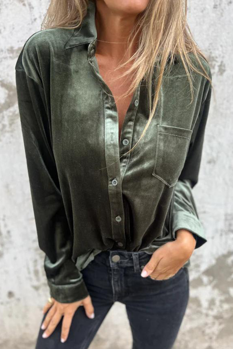 Pocket Buckle Turndown Collar Blouses(3 Colors)