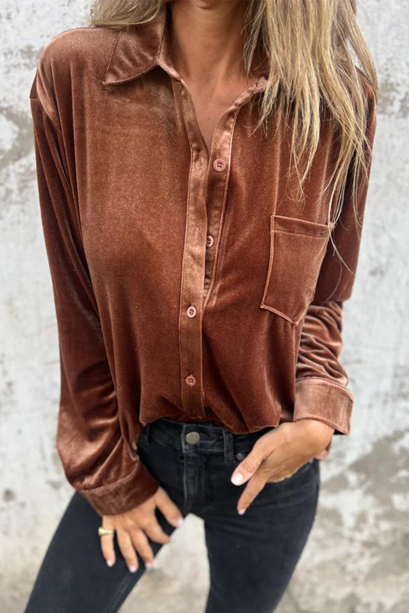 Pocket Buckle Turndown Collar Blouses(3 Colors)