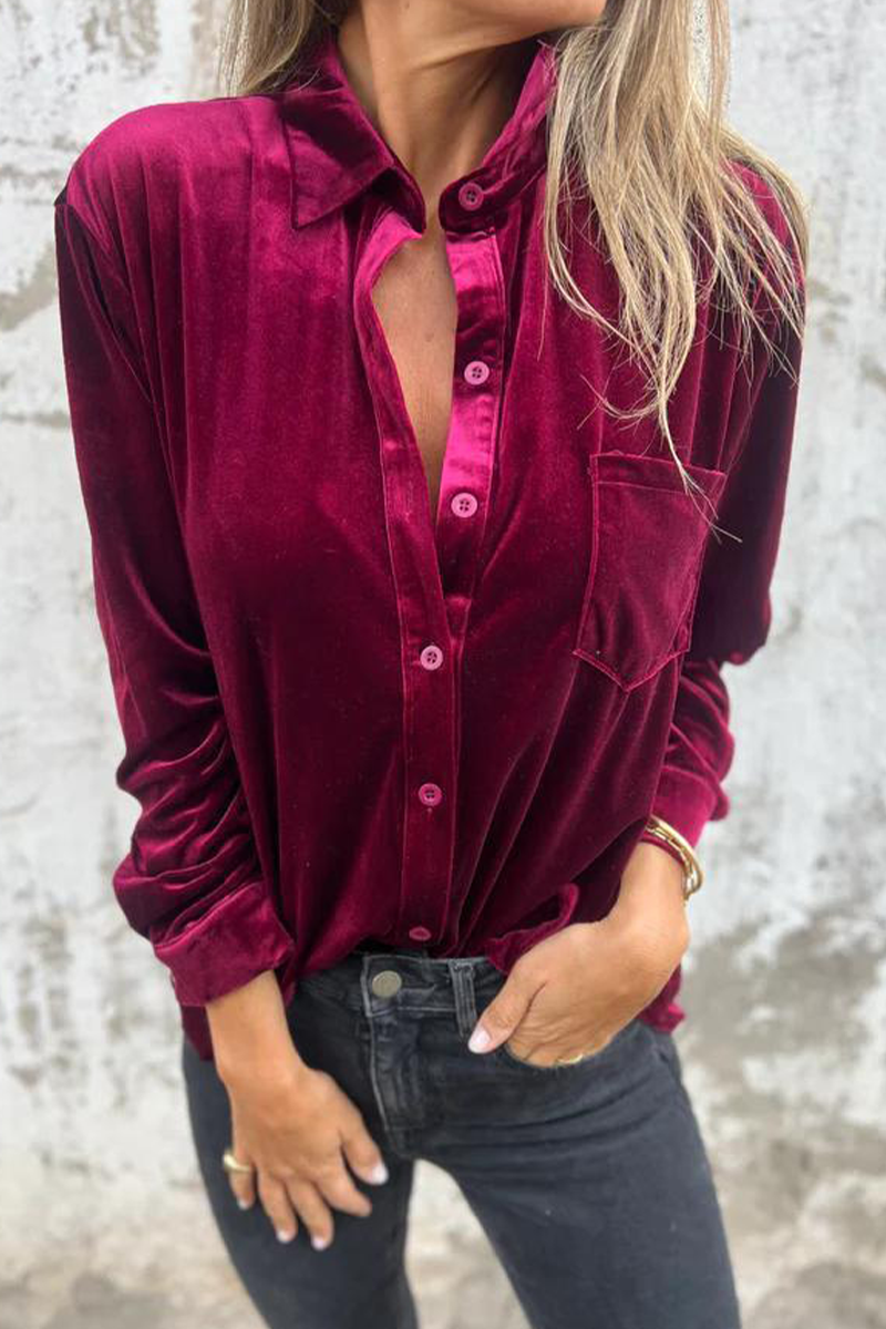 Pocket Buckle Turndown Collar Blouses(3 Colors)