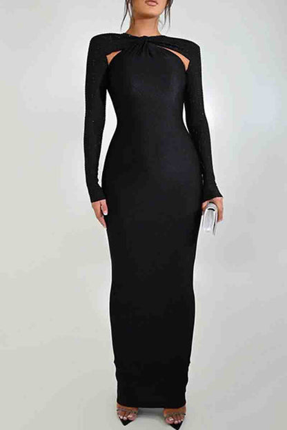 Hollow Out Patchwork Contrast O Neck Long Dresses(3 Colors)