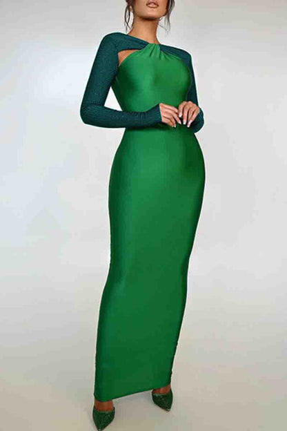 Hollow Out Patchwork Contrast O Neck Long Dresses(3 Colors)